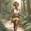 Placeholder: Drawn by Tradd Moore, colored by Heather Marie Lawrence Moore for Lean and muscular, skin tanned nearly bronze greeck girl tracking through the forest and brush. Showing her mini-skirt. Blonde Curly hair in a messy bun and severe look, wearing greek toga .