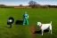 Placeholder: Photograph 60 mm lens. Technological singularity. Post-apocalypse utopia. Machine, fake smile, staring eyes. Milky white lay figures torso on the ground. Grass, mud. dirt. Dog sniffing the torso. An yard of a farm is in the Background. Mercury Puddles. Zoom. Background is fussy. Cyborg's torso is dirty.