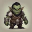 Placeholder: Abzag the Monster is a Orc adventurer in tan brown and silver armor and has swamp-green skin with a black beard and a short stripe of black hair that ends in a topknot,in chibi art style