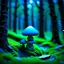 Placeholder: "Close up of a wonderful tiny Mushroom Tower home. blue and green with bright white, deep black and contrasting tones of gray. Illuminated bioluminescent forest. Professional painter, master at composition. small but detailed. broken, blurred background, voluminous lighting"