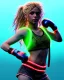 Placeholder: portrait, Shakira, blonde artist, angry, Realistic image, boxing robe, hoodie, mouthguard, face band aid, loose long hair, eyes make up, perfect, glow, circle iris. Neon colors, leds, geometric shapes. Dark background, photo studio, neon lights. concept art, smooth, unreal engine 5, god lights, ray tracing, RTX, lumen lighting, ultra detail, volumetric lighting, 3d, finely drawn, high definition, 4k.