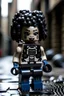 Placeholder: A Lego princess minidoll of Domino from Deadpool, with black afro hair, in an alley