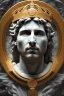 Placeholder: Ultra Realistic image, Roman sculpture, white marble material, Lionel Messi, sun radial crown, chisel style, waist up portrait, epic, celestial, cinematic lighting, God light, god rays, 4k resolution, smooth details, ornate details, soft lighting, unreal engine 5, marble background.