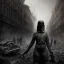 Placeholder: women, faces covered in black masks, ragged clothes, holding flag, war-torn, destroyed city in the background, 8k resolution, hyperrealistic, detailed matte painting, b&w, dynamic lighting, war, anarchy, terrorists