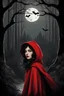 Placeholder: Very realistic dark and whimsical illustration of Little Red Riding Hood. She has large, captivating eyes with bright red irises and her face is framed by wavy black hair. She wears a bright red hooded cloak, under which bats are seen flying. The background is a haunting forest with tall, silhouetted trees, and a white moon casting its glow. he atmosphere is mysterious with elements of gothic fantasy with wolf in the background, by artgerm and rutkowski ,8k, UHD, magic fantasy,