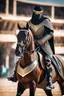 Placeholder: Arab cyborg warrior Full Body Full Armored helmet,Wearing Face Mask Iron Masculine Mysterious Powerful Fantasy High Quality clothes,driving on horse,islamic city background