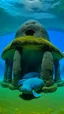 Placeholder: An indigo underwater temple with a whale designed in Moai statues painted by Paul Gauguin