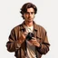 Placeholder: Brown haired stoic man with casual 90s clothes and a camera realistic art