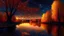 Placeholder: River, trees with golden and red leaves, autumn, a beautiful night sky, visible galaxies