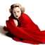 Placeholder: Pulp fiction style, A photograph of norma jeane baker inthe style of milton greene, red blanket, white background