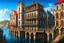 Placeholder: medieval buildings with balconies overhanging lake edge with blue sky and people, photorealism, fantastical, intricate detail, splash screen, concept art