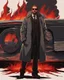 Placeholder: a young man with big muscles who looks like hans gruber wearing a heavy coat and red sunglasses staring with an irritated look on his face standing in front of a large fire