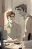Placeholder: A guy in his early thirties with short brown hair setting on his desk and talking to his colleague at work