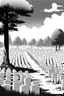 Placeholder: landscape, open air flat cemetery with thousand gravestones, high detail, manga style, grayscale