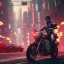 Placeholder: cyberpunk far way man in kaneda bike, highly detailed global illumination, detailed and intricate environment