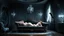 Placeholder: Old room with high ceiling, reclining female figure on vintage divan, luminescent skin contrasting with darkness, bats perched on antique chandeliers, cobwebs glowing with silver light, romantic Gothic atmosphere, Pre-Raphaelite style