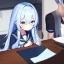 Placeholder: Clear focus, High resolution, long fluffy light blue hair, hair between eyes, long locks, wearing a sailor uniform, wearing a sailor skirt, long black socks, 1girl, cartoon, cute, UNFOTABLE studio