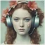 Placeholder: Futuristic Polaroid head shot of lily cole,she has freckles on her face, hair adorned with strange flowers, red cheeks and nose, headphone