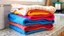 Placeholder: Stack of colorful terry towel Washcloths on Kitchen Counter