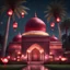 Placeholder: Hyper Realistic beautiful maroon decorated mosque with garland lights & sky lanterns at rainy night with palm trees & grass patches