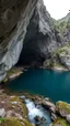 Placeholder: A cave in side a mountain access to an underground water lake and small waterfalls