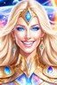 Placeholder: cosmic woman smile, admiral from the future, galactic confédération, fine whole face, crystalline skin, expressive blue eyes,rainbow, smiling lips, very nice smile, costume pleiadian, Beautiful tall woman pleiadian Galactic commander, ship, perfect datailed golden galactic suit, high rank, long blond hair, hand whit five perfect detailed finger, amazing big blue eyes, smilling mouth, high drfinition lips, cosmic happiness, bright colors, blue, pink, gold, jewels, realist, high,rainbows