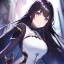 Placeholder: Clear focus,High resolution, Black long hair, Purple eyes, Wearing a goddess outfit, blurry background, a seductive look on her face, seductive smile