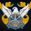 Placeholder: Fantasy setting, coat of arms with a kestrel holding a black anchor in its talons, encircled by a navy blue ring and a yellow half circle shape above it.