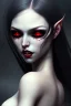 Placeholder: Vampire girl, cute, beautiful, white eyes, red lips, black hair, vampire tooth with bangs, goth, close up portrait by Greg Rutkowski