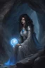 Placeholder: Dnd character on her knees. In a dark cave. A female Moonelf twilight cleric with black curly hair and blue eyes, wearing gray robes. Etheral, muscular, beautiful