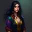 Placeholder: pretty girl, black hair, conventionally attractive, bright clothes, realism, dreamy, tight top, warlock