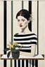 Placeholder: maria Lassing -Euan Uglow mixed media. collage painting acrylic, oil, simple background, table, mixed media, collage 3/4 portrait, woman, florist, flowers, botanical elements, black & white stripes design
