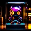 Placeholder: cute chibi robot monster in a glass display case with a orange aura glow, and staring eyes