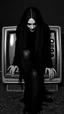 Placeholder: Black and white classic movie the well . A scary women wearing all black and long hair covering her face stepping out of an old tv devise both her hands on the touching the ground out side the tv but her half of her buddy is inside the tv is like getting out of tv crawling out of the tv , scary scene