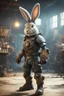 Placeholder: portrait of fast viking rabbit with helmet & boots in fallout 4 setting, bokeh, downlight, prize winning, depth of field, trading robot monster in background, stereoscopic cartoon