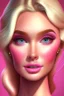 Placeholder: Barbie wears a very calm and beautiful nude makeup with a charming cartoonish luminous face with a very beautiful pink dress