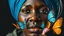 Placeholder: Extreme close-up portrait of a 32-year-old African woman with a blue turban, face filling the frame, several butterflies gently emerging from her mouth as if breath turned into color, warm side lighting, minimal dark background, hyperreal surrealist painting style.