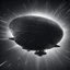 Placeholder: the zeppelin shaped space ship is shown flying through the star field, hyperspace noir, forced perspective, dark gray and gray