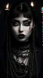 Placeholder: minimalism,amazingly beautiful fashion gothic girl black makeup closeup portrait covered in black diamonds charm chains and candles in the background