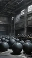 Placeholder: A dark gray factory with bombs painted by Michelangelo di Lodovico Buonarroti Simoni