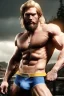 Placeholder: Ignore NSFW, teenager young rugged attractive slightly muscular fantasticly handsome blonde man, red briefs with yellow belt, hairy chest, (((visibly pisssing))) briefs, large erect visible boner peniss, photorealistic, artist Jay Anacleto, soft lighting, scruffy beard