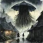 Placeholder: diffused watercolor that looks faded and aged, in distance a barely visible hint of a silhouette of a flying Lovecraftian three headed colossus shrouded in mist whose rough shady profile outline is briefly lit by a flash of lightning, paranoiac, strange thatched-house village in foreground with crude wooden fences, downpouring rain, people huddled under umbrellas, subtle, quiet horror, blue and green color scheme, dark grey negative space