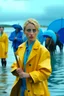 Placeholder: In the music video, a 23-year-old woman with blonde hair and bright blue eyes stands in the sea, se has a bun. dressed in a yellow fisherman's jacket. She holds an umbrella, but it offers no protection from the pouring rain. Around her, heavy horses are moving. The rain is pouring heavily. She is standing in the middle of the sea. You can see here completely. Horses only the girl and horses, i wanna see the horses dancing around her. She is wearing a fishers outfit. NOT SEXY!! middle of the sea