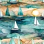 Placeholder: Alcohol ink art pattern. Vibrant, fantasy, delicate, ethereal. Sailboats. Shades of blue, teal, aqua, turquoise, white. waves on shore. Sun. colorful beach. Background ink drip.