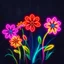 Placeholder: Dancing Colorful Neon Flowers With Neon Grass Whirling Dark Grunge Rustic Background.