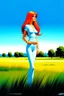 Placeholder: full body and headshot of a skinny young woman, with long straight red hair, standing in an open field, surrounded by trees, Frank Franzetta