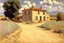 Placeholder: sunny day, clouds, rocks, trees, mountains, countryside, dirt road, adobe old house, gustave caillebotte and pieter franciscus dierckx impressionism paintings