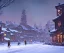 Placeholder: A snowy warlock town with river canals and a magical Christmas tree