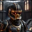 Placeholder: star wars bald male corellian pilot wearing pearlescent black and gunmetal grey First Order special forces heavy assault stealth commando armor and helmet with gold trim inside the jedi temple, hyperdetailed, dynamic lighting, hyperdetailed background, 8k resolution, volumetric lighting, light skin, fully symmetric details