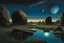 Placeholder: Dark blue sky with one exoplanet in the horizon, rocks, puddle, weeds, sci-fi movies influence, epic, ernest welvaert, and charles leickert impressionism paintings